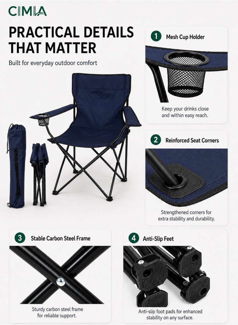 CIMIA Lightweight Folding Camping Chair With Cup Holder & Carry Bag, 50x50x80cm Portable Outdoor Chair For Beach Picnic Camping Garden Balcony, Navy blue, 120kg Capacity - Image 3