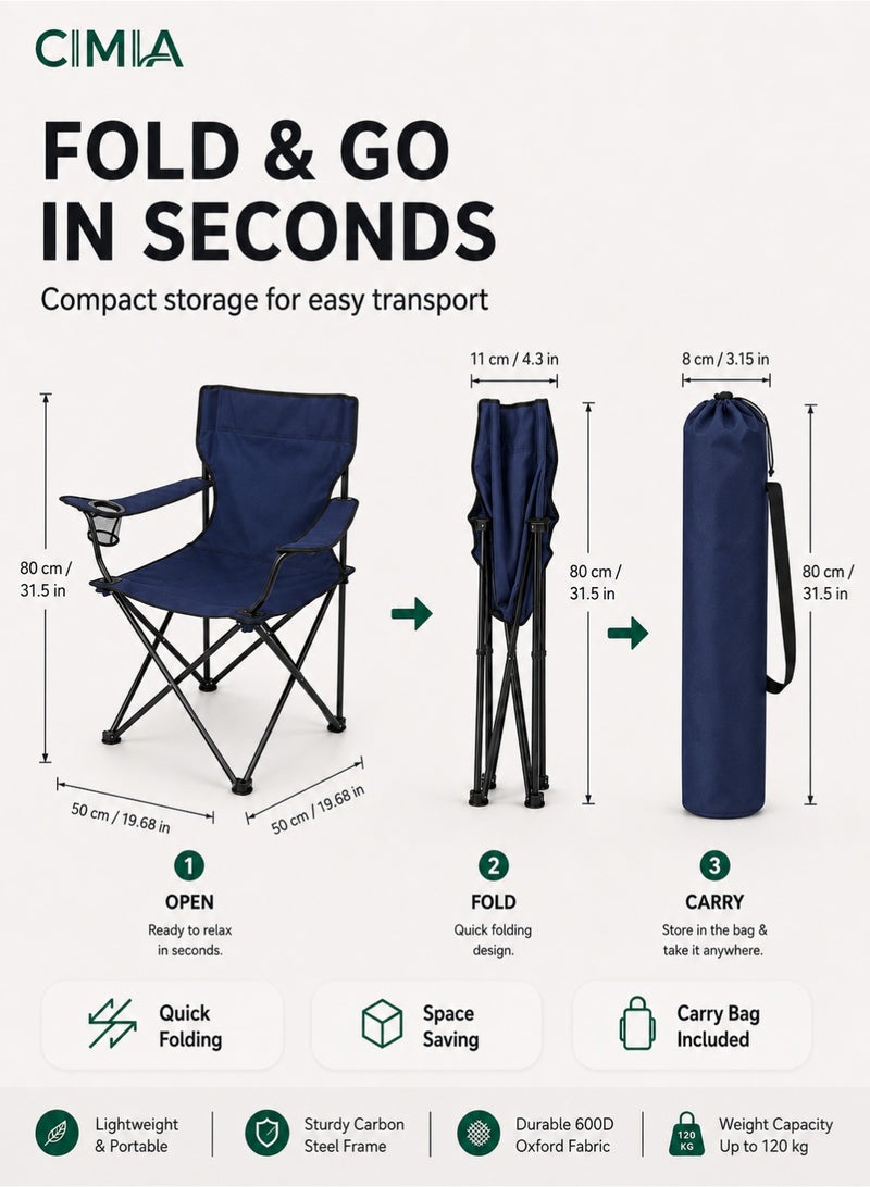 CIMIA Lightweight Folding Camping Chair With Cup Holder & Carry Bag, 50x50x80cm Portable Outdoor Chair For Beach Picnic Camping Garden Balcony, Navy blue, 120kg Capacity - Image 4
