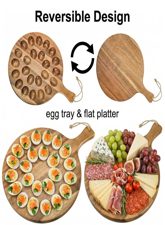 Okllen 24 Holes Round Acacia Wood Deviled Egg Platter with Handle, Deviled Egg Tray Holder for Easter, Gathering, Thanksgiving & Parties - Image 4