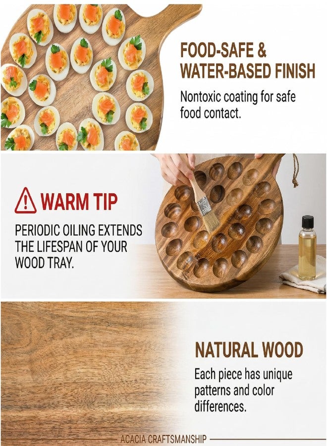 Okllen 24 Holes Round Acacia Wood Deviled Egg Platter with Handle, Deviled Egg Tray Holder for Easter, Gathering, Thanksgiving & Parties - Image 5