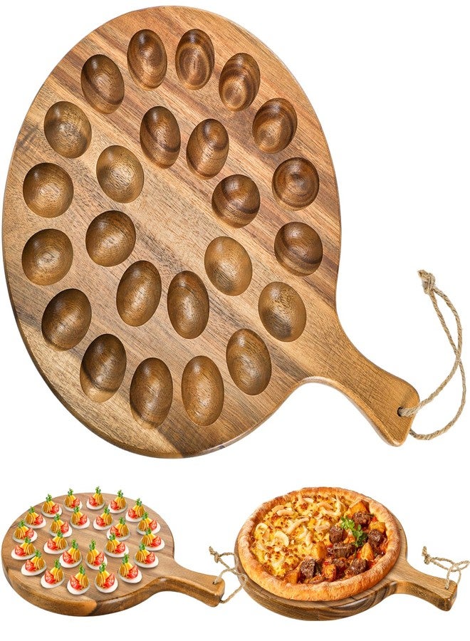 Okllen 24 Holes Round Acacia Wood Deviled Egg Platter with Handle, Deviled Egg Tray Holder for Easter, Gathering, Thanksgiving & Parties - Image 1