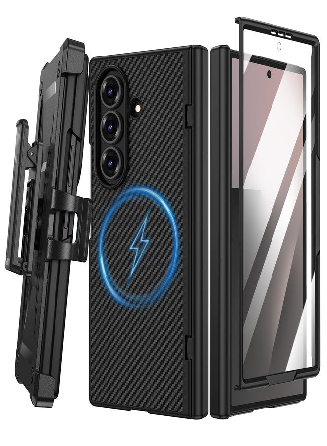 VEGO for Galaxy Z Fold 7 Case with Belt Clip [Compatible with Magsafe] Screen Protector & Hinge Protection Full-Body Shockproof Carbon-Fibre Hard PC Protective Magnet Case for Samsung Z Fold 7 Black - Image 1