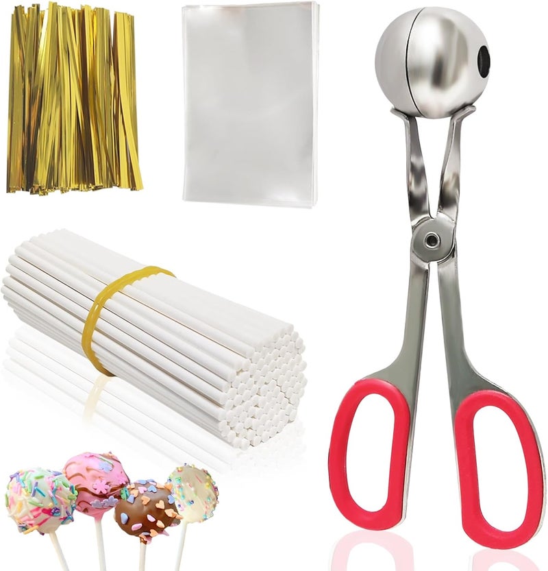 AHKUNMT Cake Pop Sticks and Wrappers,Cake Pop Maker Set Include 100 Cake Pop Bags,Lollipop Sticks and Gold Metallic Twist Ties Meat Baller with One Handles Cake Pops Making Tools for Candies and Chocolates - Image 1