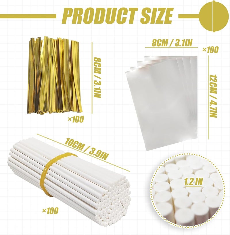 AHKUNMT Cake Pop Sticks and Wrappers,Cake Pop Maker Set Include 100 Cake Pop Bags,Lollipop Sticks and Gold Metallic Twist Ties Meat Baller with One Handles Cake Pops Making Tools for Candies and Chocolates - Image 2