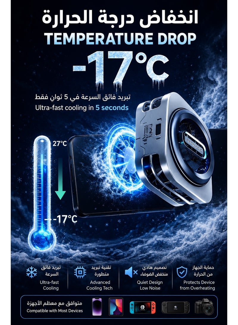 ريد ماجيك مبرد هاتف ريد ماجيك 6 برو المغناطيسي من نوبيا مصمم خصيصًا لمحبي الألعاب مثل ببجي موبايل وكول أوف ديوتي، مزود بمروحة تبريد فائقة بقدرة 30 واط، ومشتت حراري من الجرافين لتبديد الحرارة بكفاءة عالية. يتم تثبيته بسهولة باستخدام مشبك قابل للتعديل يمكن استخدامه كحامل، كما يأتي مع لوحة مغناطيسية للتثبيت المباشر على الأجهزة الداعمة. يدعم الهواتف الذكية، الأجهزة اللوحية، الآيباد، وحتى أجهزة Steam Deck. مثالي لتقليل حرارة الجهاز أثناء جلسات اللعب المكثفة. - Image 3