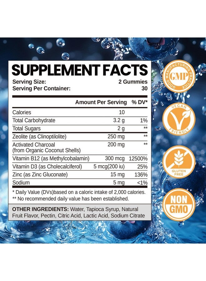 Hollegend جومي زيو لايت ديتوكس للأطفال مع الفحم النشط، زيو لايت كلينوبتيلوليت مع فيتامين ب12 و د3 للأطفال والبالغين، مكمل زيو لايت القابل للمضغ لدعم الجهاز الهضمي والمناعة، بنكهة التوت الأزرق، 60 حبة - Image 2