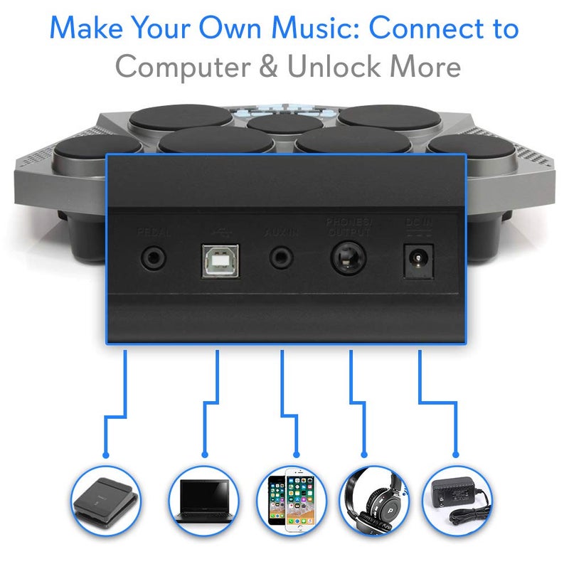 Pyle طقم الطبول الإلكتروني Pyle Pro - آلة طبل كهربائية محمولة على الطاولة مع لوحة رقمية، 7 وسادات طبل، دواسة تحكم Hi-Hat / Kick Bass USB AUX - توم توم، Hi-Hat، طبل سنير، صنجات - PTED06 - Image 3