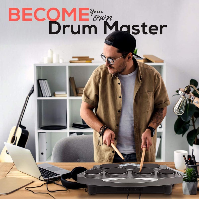 Pyle طقم الطبول الإلكتروني Pyle Pro - آلة طبل كهربائية محمولة على الطاولة مع لوحة رقمية، 7 وسادات طبل، دواسة تحكم Hi-Hat / Kick Bass USB AUX - توم توم، Hi-Hat، طبل سنير، صنجات - PTED06 - Image 5