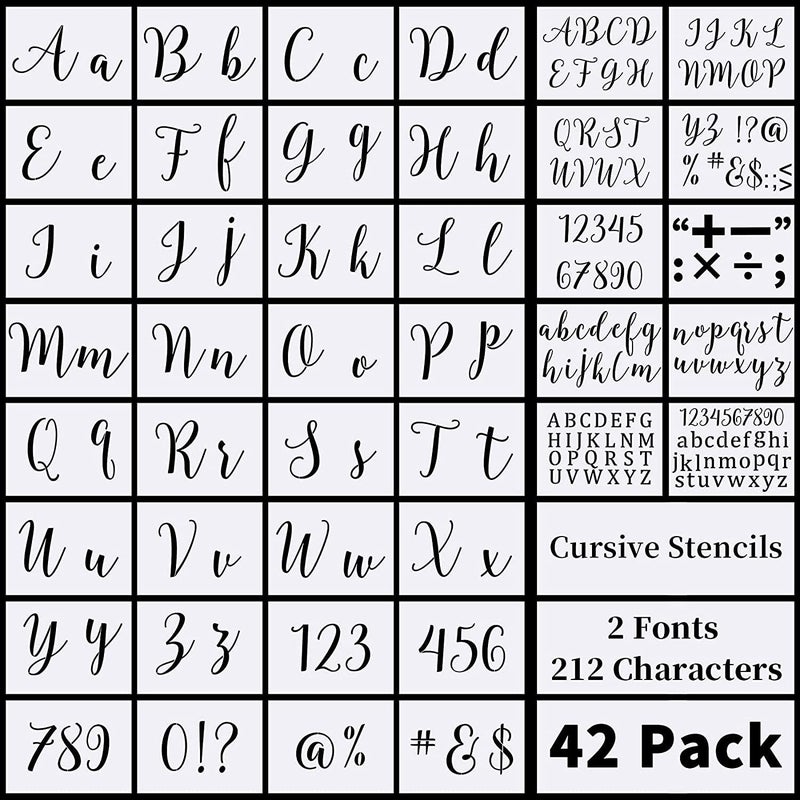 Dequera Large Letter Stencils for Painting on Wood42 Pack Alphabet Letter Number Stencil Templates with SignsReusable Cursive Letters and Numbers Stencils in 2 Fonts and 212 Characters for DIY Craft