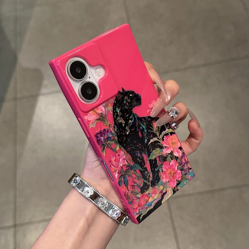 Apple iPhone 16 Phone Case, TPU Shockproof, Stylish and Creative Floral Panther Square Phone Case (Rose Red)