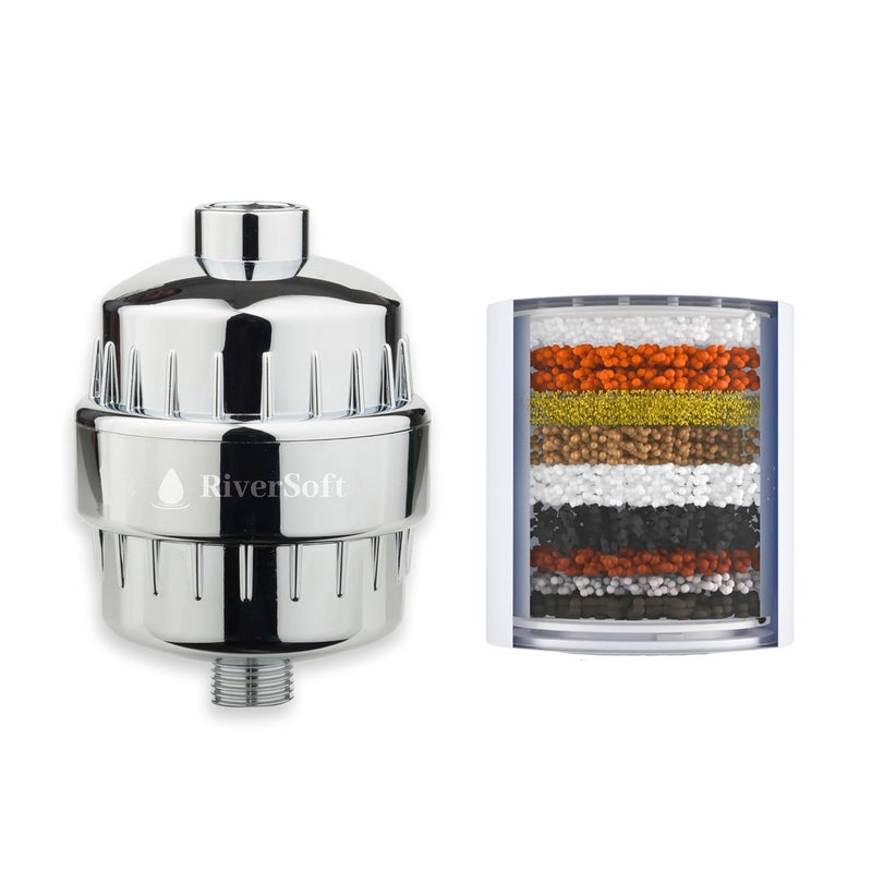 RIVERSOFT Combo Pack SF15 PRO ABS Chrome and SFC15 PP White Shower Filter for Hard Water with 15 Stage with Extra Cartridge Water Softener for Bathroom - Image 1