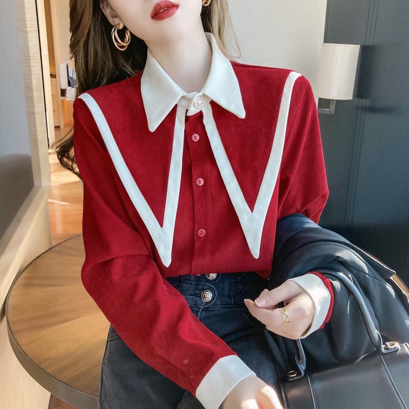 New Korean Style Design Wasp Bottoming Top Women'S Thin Red Stitching Loose All-Match Shirt - Image 2