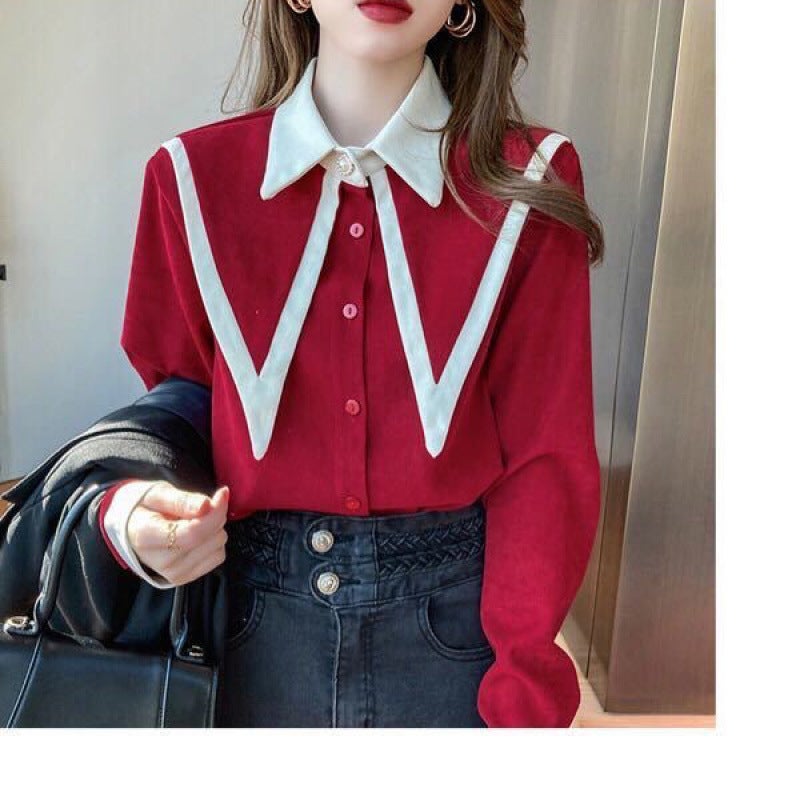 New Korean Style Design Wasp Bottoming Top Women'S Thin Red Stitching Loose All-Match Shirt - Image 5