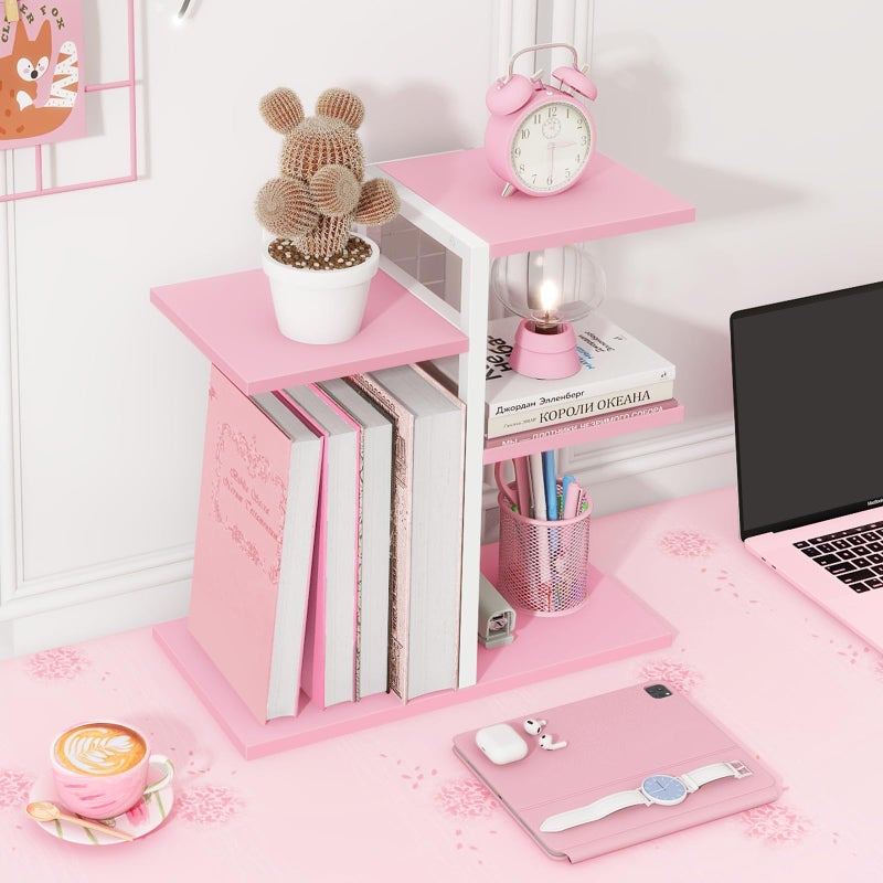 ELITEROO Desktop Bookshelf, Tiered Desk Organizer Shelf, Wooden Tabletop Bookshelf Small Desk Book Shelf, Dresser Top Organization Storage Rack and Desk Decorations for Women Office, Pink - Image 2