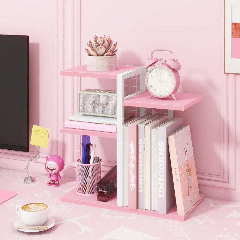 ELITEROO Desktop Bookshelf, Tiered Desk Organizer Shelf, Wooden Tabletop Bookshelf Small Desk Book Shelf, Dresser Top Organization Storage Rack and Desk Decorations for Women Office, Pink - Image 5