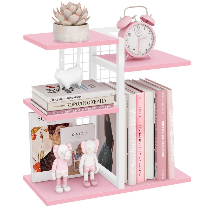 ELITEROO Desktop Bookshelf, Tiered Desk Organizer Shelf, Wooden Tabletop Bookshelf Small Desk Book Shelf, Dresser Top Organization Storage Rack and Desk Decorations for Women Office, Pink - Image 1