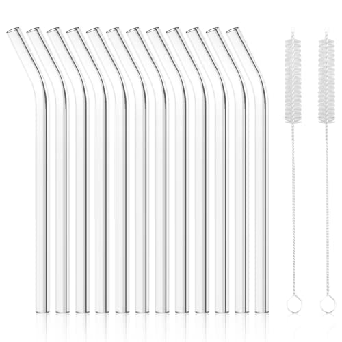 Antner أنتر 12 عبوة من المصاصات الزجاجية القابلة لإعادة الاستخدام 85 × 10 مم مصاصات زجاجية منحنية شفافة للمشروبات الساخنة والباردة مع 2 فرشاة تنظيف مرفقة