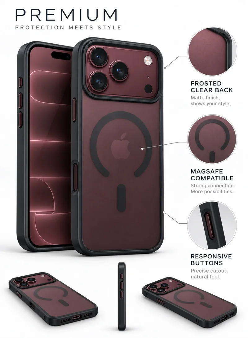 واي جراب WYE لهاتف iPhone 18 & 17 Pro Max، غطاء خلفي شفاف مطفي فاخر متوافق مع MagSafe، حماية ضد الصدمات، حماية مرتفعة للكاميرا، تصميم نحيف وخفيف باللون الأسود