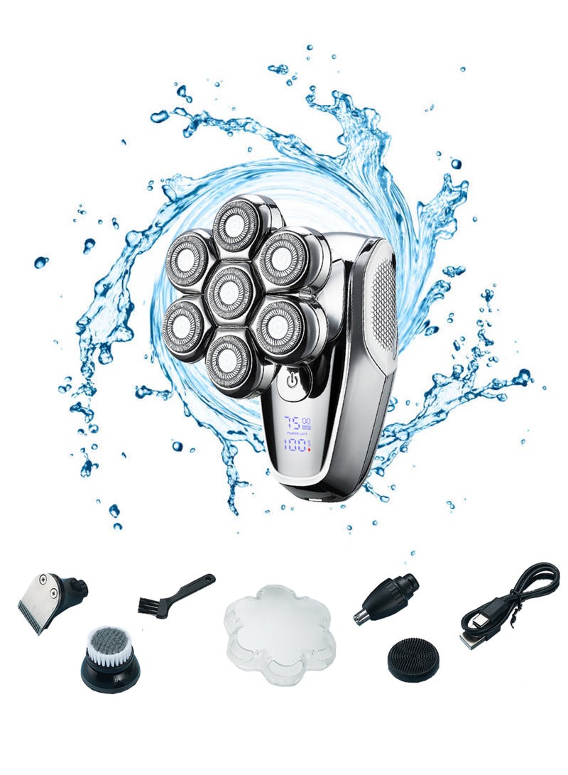 7D Electric Shaver for Men – Bald Head Shaver, Beard Razor, 5-in-1 with Hair Clipper, Facial Cleaner, Massager, Nose Trimmer, Fully Washable, Detachable Head, LED Display, IPX7 Waterproof, Type-C Ch - Image 1
