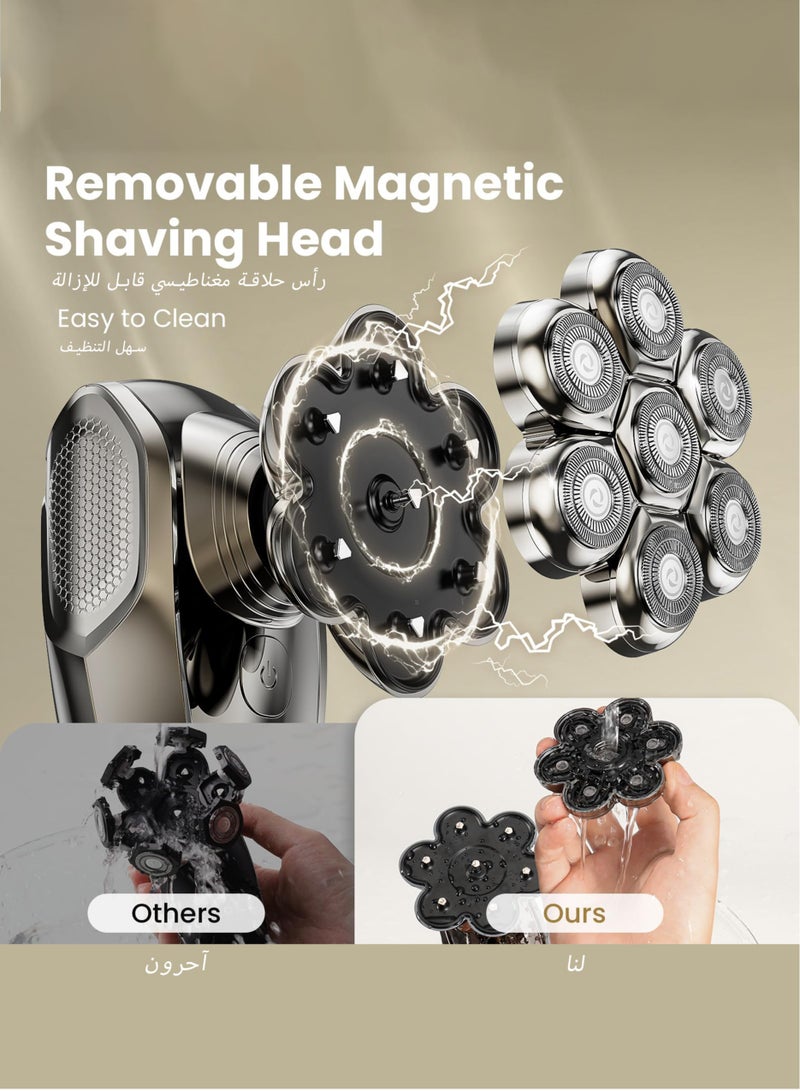 7D Electric Shaver for Men – Bald Head Shaver, Beard Razor, 5-in-1 with Hair Clipper, Facial Cleaner, Massager, Nose Trimmer, Fully Washable, Detachable Head, LED Display, IPX7 Waterproof, Type-C Ch - Image 2