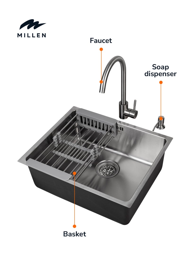 MILLEN Premium Undermount Top Mount Single Bowl Sink with Faucet – 304 Stainless Steel, Soundproof, Satin Finish - MS5444 SET, 3Y Warranty - Image 5