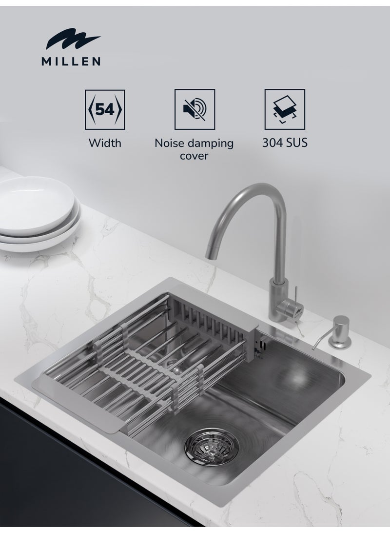 MILLEN Premium Undermount Top Mount Single Bowl Sink with Faucet – 304 Stainless Steel, Soundproof, Satin Finish - MS5444 SET, 3Y Warranty - Image 2