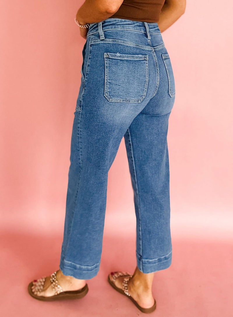 Astylish Women's Stretchy Breathable Straight Wide Leg Jeans Loose High Waist Tummy Control Fashion Casual Flare Capri Ankle Denim Trouser with Deep Front Pocket Summer Petite Dusk Blue Size 4 - Image 3