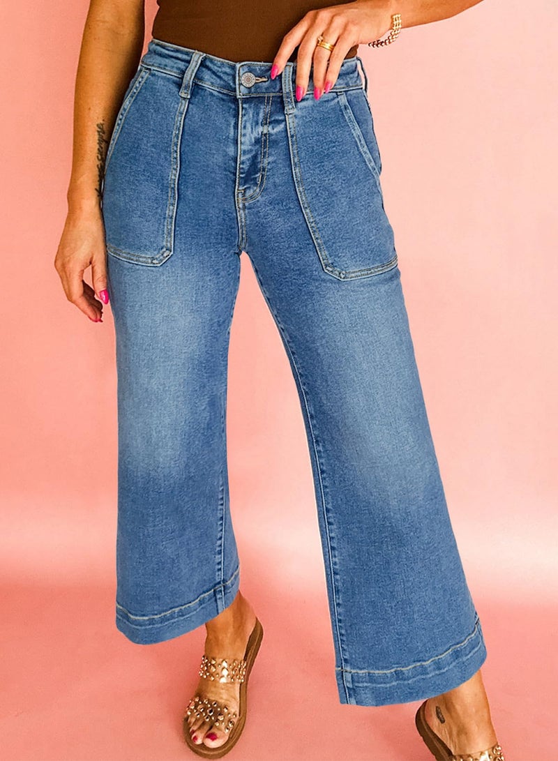 Astylish Women's Stretchy Breathable Straight Wide Leg Jeans Loose High Waist Tummy Control Fashion Casual Flare Capri Ankle Denim Trouser with Deep Front Pocket Summer Petite Dusk Blue Size 4 - Image 2