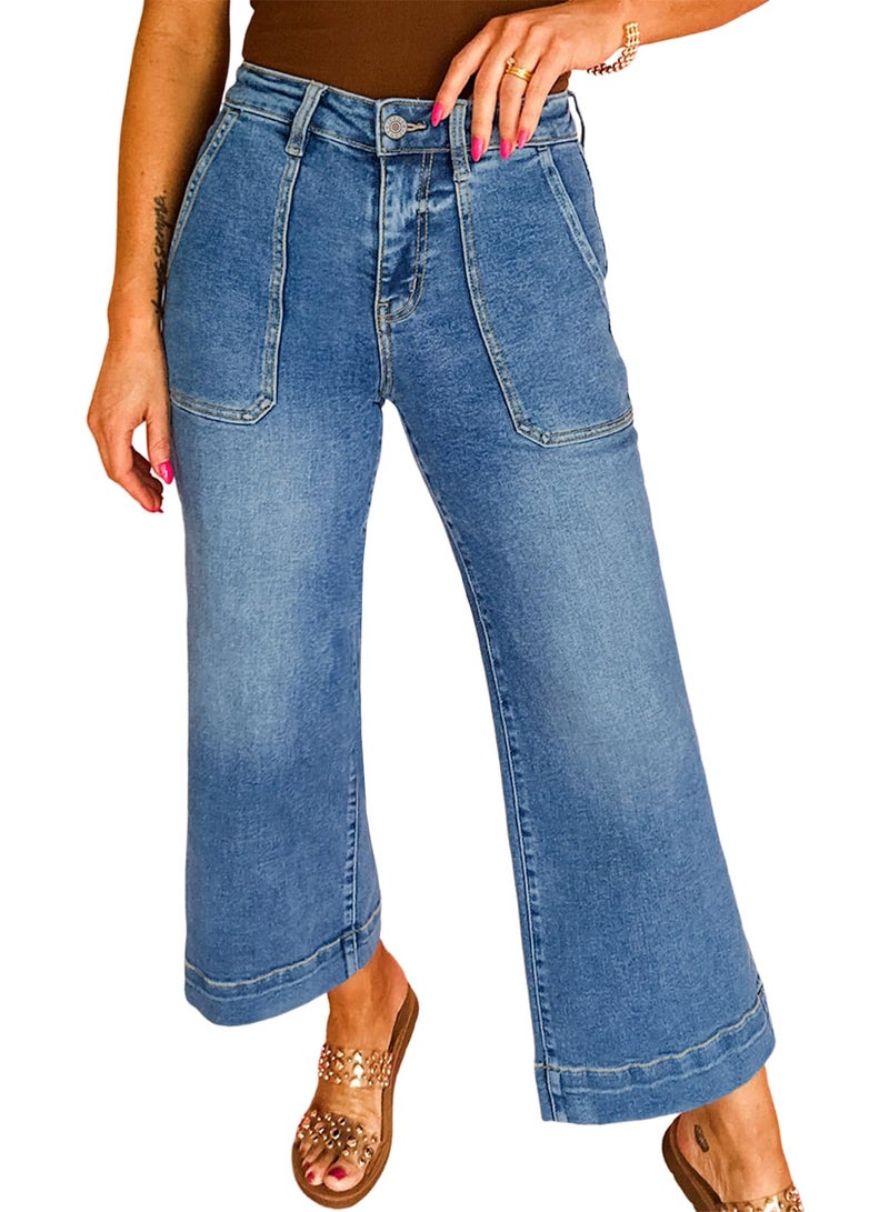 Astylish Women's Stretchy Breathable Straight Wide Leg Jeans Loose High Waist Tummy Control Fashion Casual Flare Capri Ankle Denim Trouser with Deep Front Pocket Summer Petite Dusk Blue Size 4 - Image 1