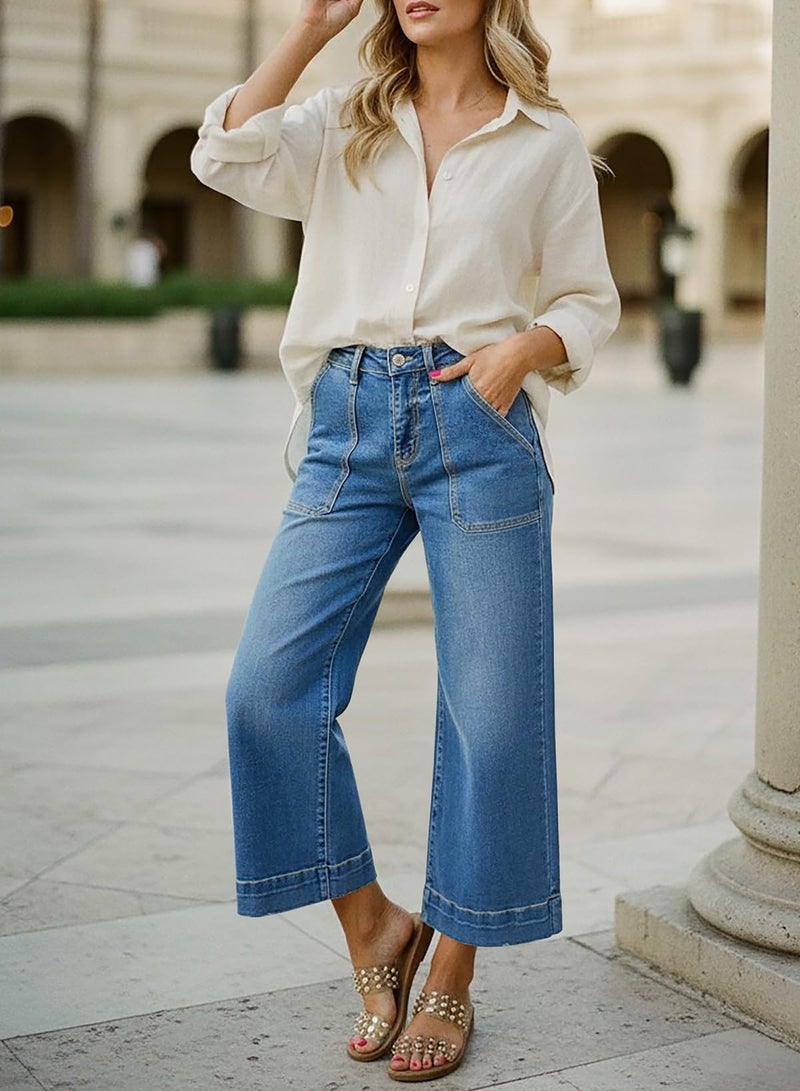 Astylish Women's Stretchy Breathable Straight Wide Leg Jeans Loose High Waist Tummy Control Fashion Casual Flare Capri Ankle Denim Trouser with Deep Front Pocket Summer Petite Dusk Blue Size 4 - Image 4