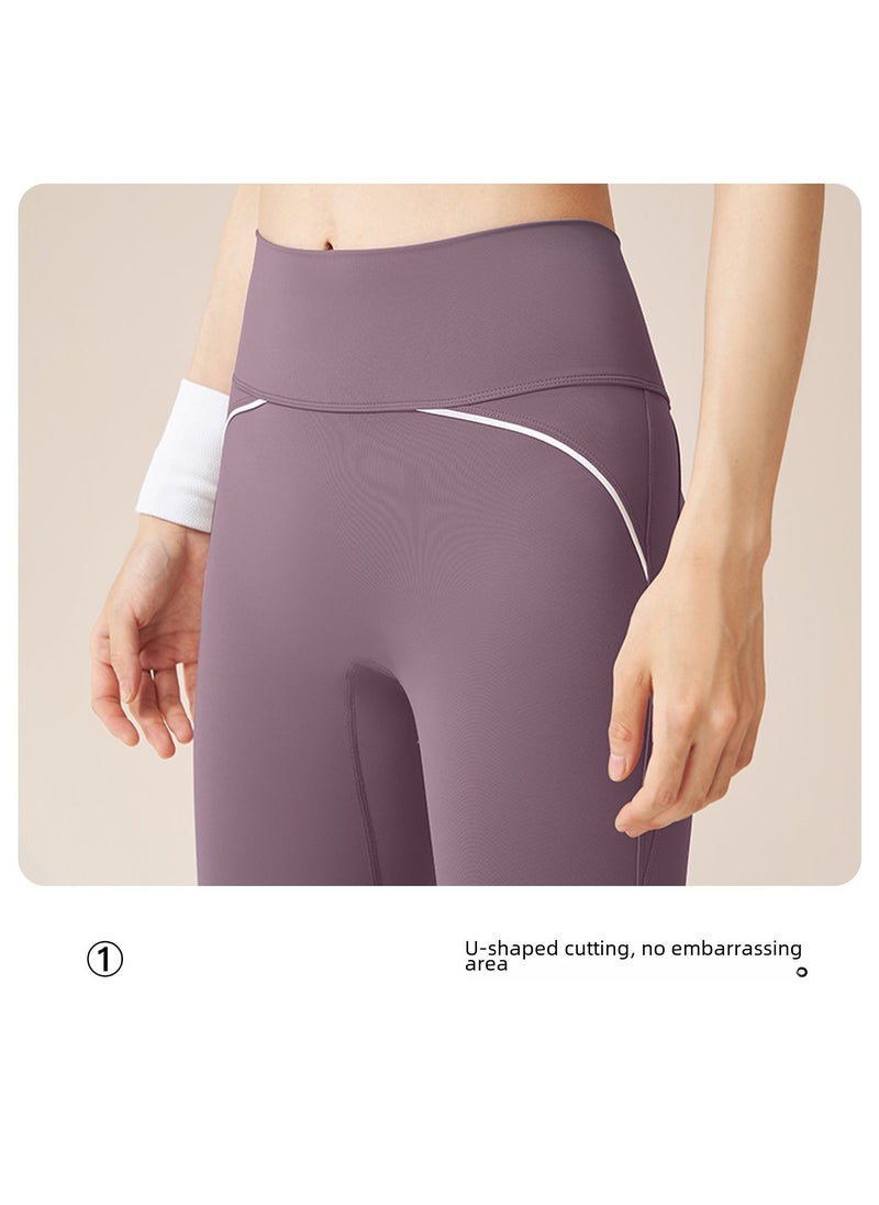 Juyitang Lycra non-embarrassing line yoga pants high elastic nude feeling slim high waist quick-drying breathable sports fitness pants Lilac Purple