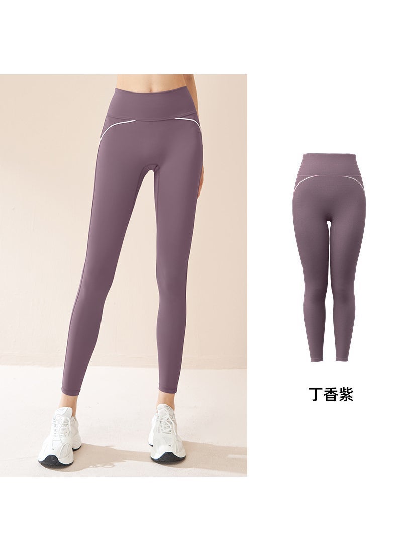 Juyitang Lycra non-embarrassing line yoga pants high elastic nude feeling slim high waist quick-drying breathable sports fitness pants Lilac Purple