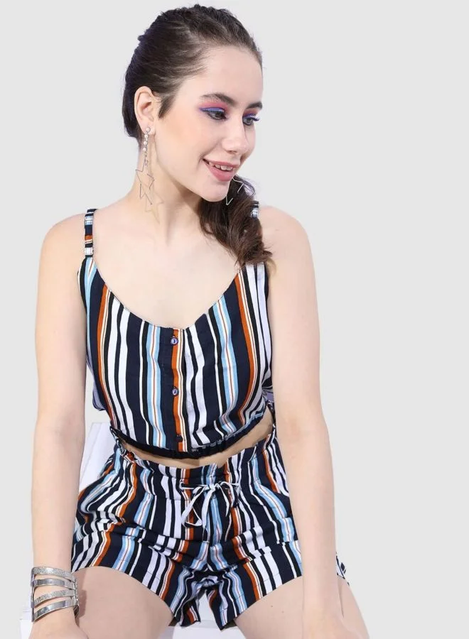 مرفوعة Women Regular Fit Stripe Sleeveless Mid Rise Crop Top and Shorts Co-Ords Set
