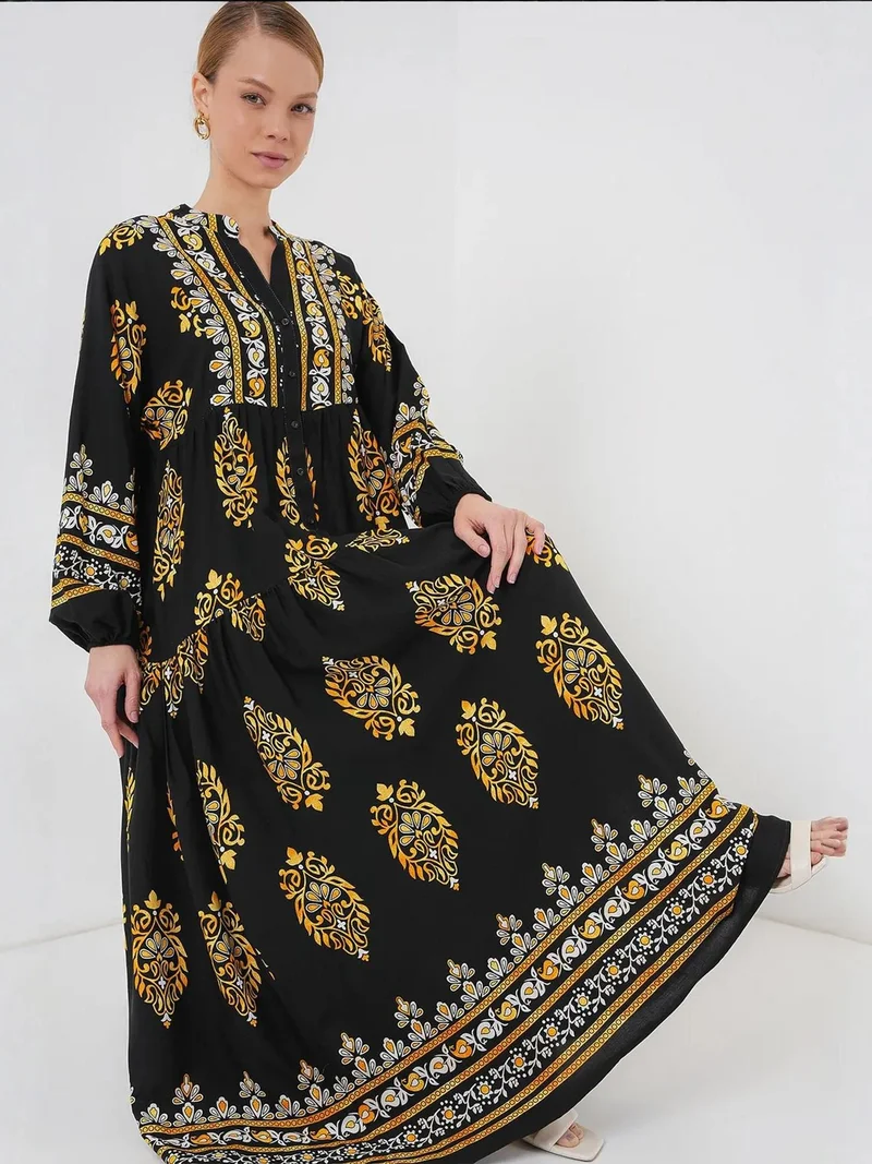 BIG DART BDART Printed V-Neck Maxi Dress with Button Closure