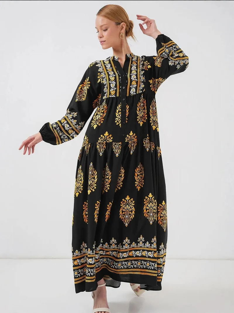 BIG DART BDART Printed V-Neck Maxi Dress with Button Closure