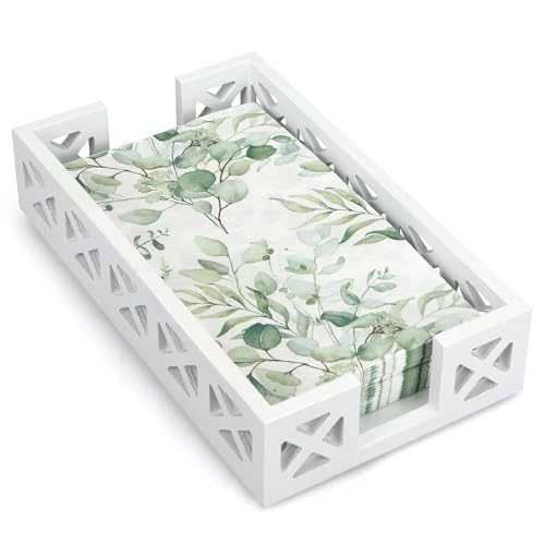 Renawe Guest Towel Holder Tray for Bathroom Napkin Holder Modern Disposable Hand Towel Holder Basket White Wooden Napkins Holder for Table Paper Rustic Bathroom Towel Tray Flat Wood Dinner Napkin Holder - Image 1
