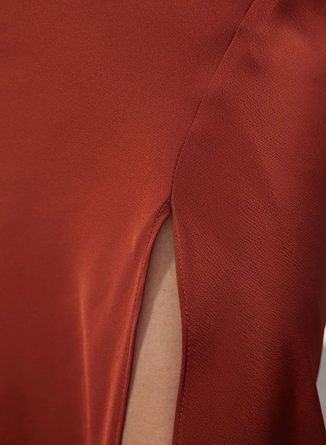 trendyol Cinnamon Lined Evening Dress in Woven Satin. TPRSS19BB0058  - Image 4