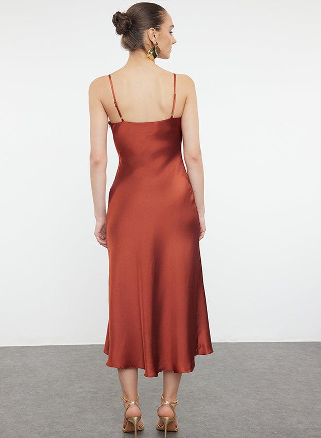 trendyol Cinnamon Lined Evening Dress in Woven Satin. TPRSS19BB0058  - Image 5