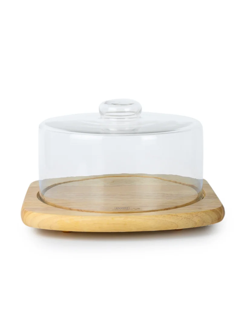 BILLI Billi Glass Cake Dome with Rubberwood Base – Glass Dome Reversible for Use as Salad Bowl, W28.5 x L28.5 x H16 cm