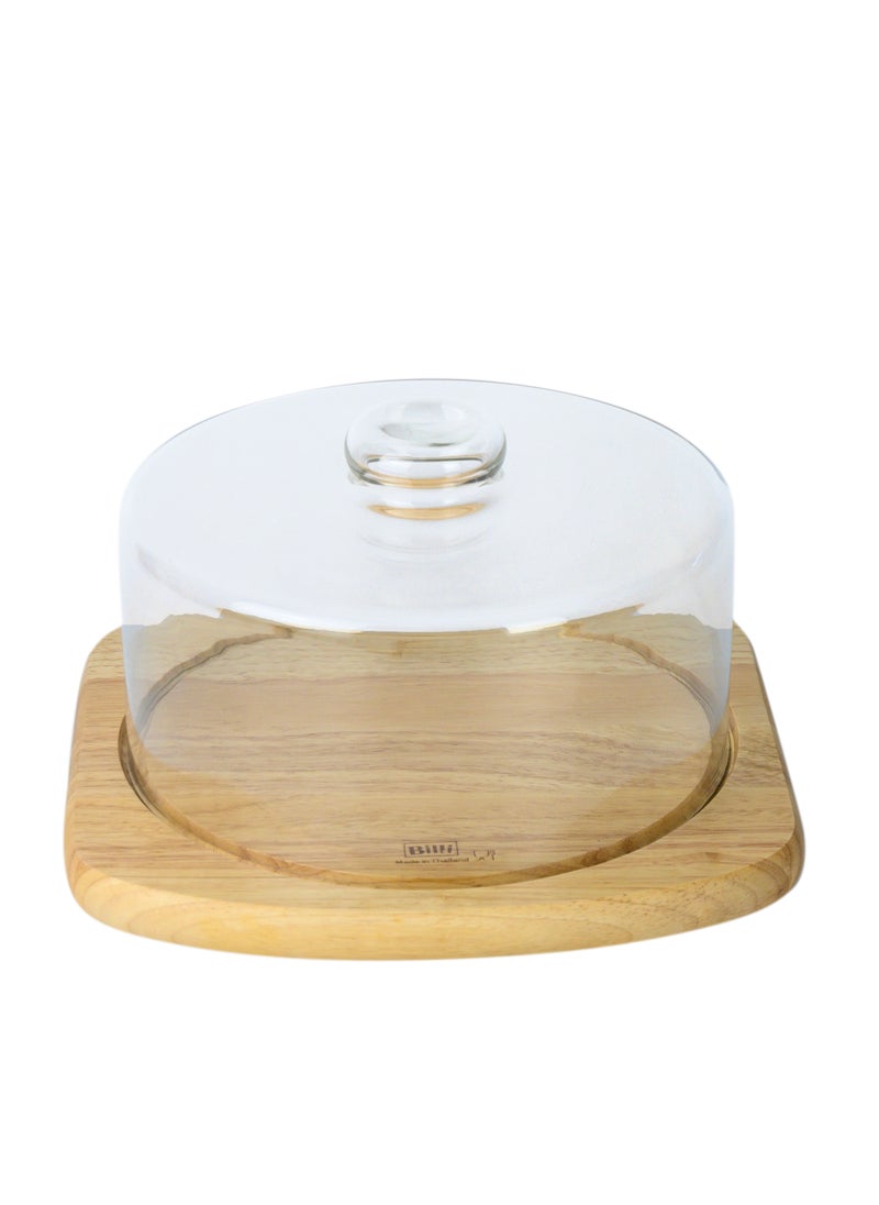BILLI - Billi Glass Cake Dome with Rubberwood Base – Glass Dome Reversible for Use as Salad Bowl, W28.5 x L28.5 x H16 cm - Image 1