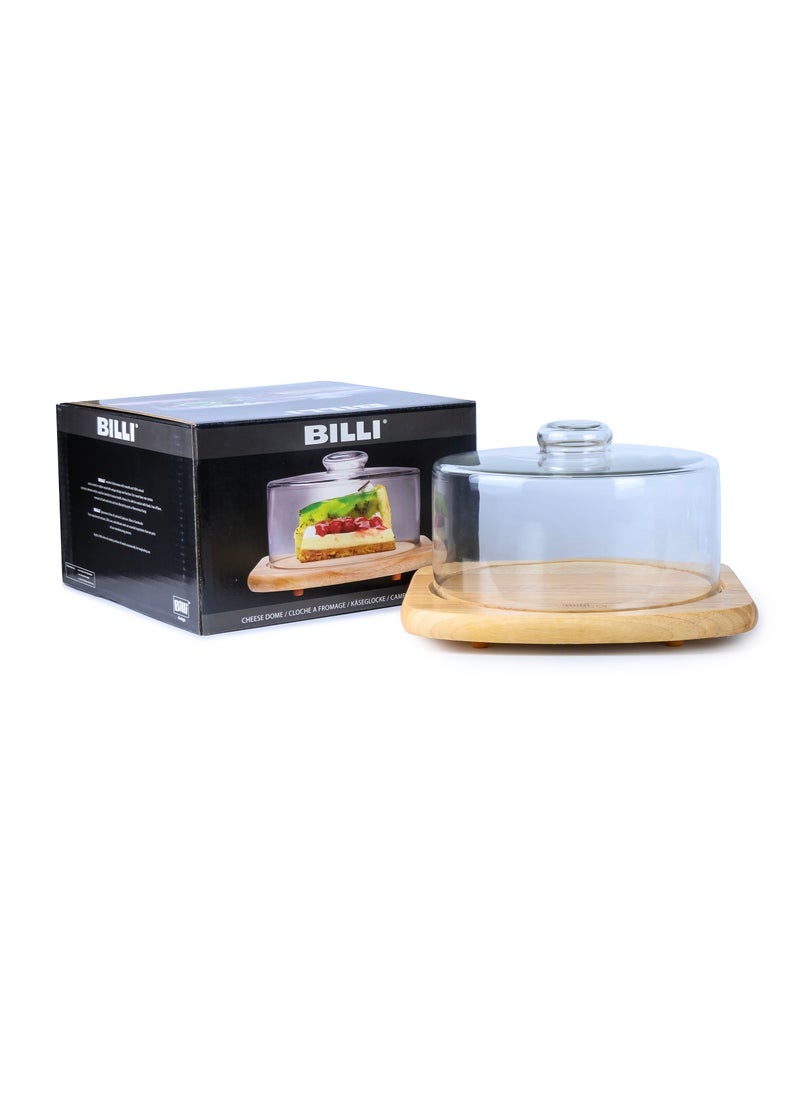 BILLI - Billi Glass Cake Dome with Rubberwood Base – Glass Dome Reversible for Use as Salad Bowl, W28.5 x L28.5 x H16 cm - Image 1