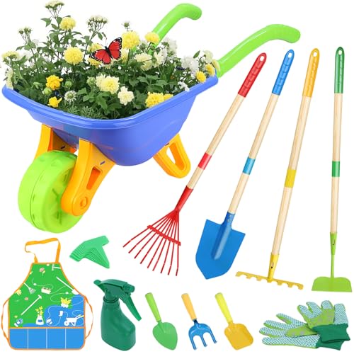 Magic4U 11Piece Kids Gardening Set with Wheelbarrow Shovel Rake Hoe Gloves Apron HeavyDuty Steel Tools Interchangeable Handles Outdoor Yard Toys for Boys Girls Ages 38 - Image 1