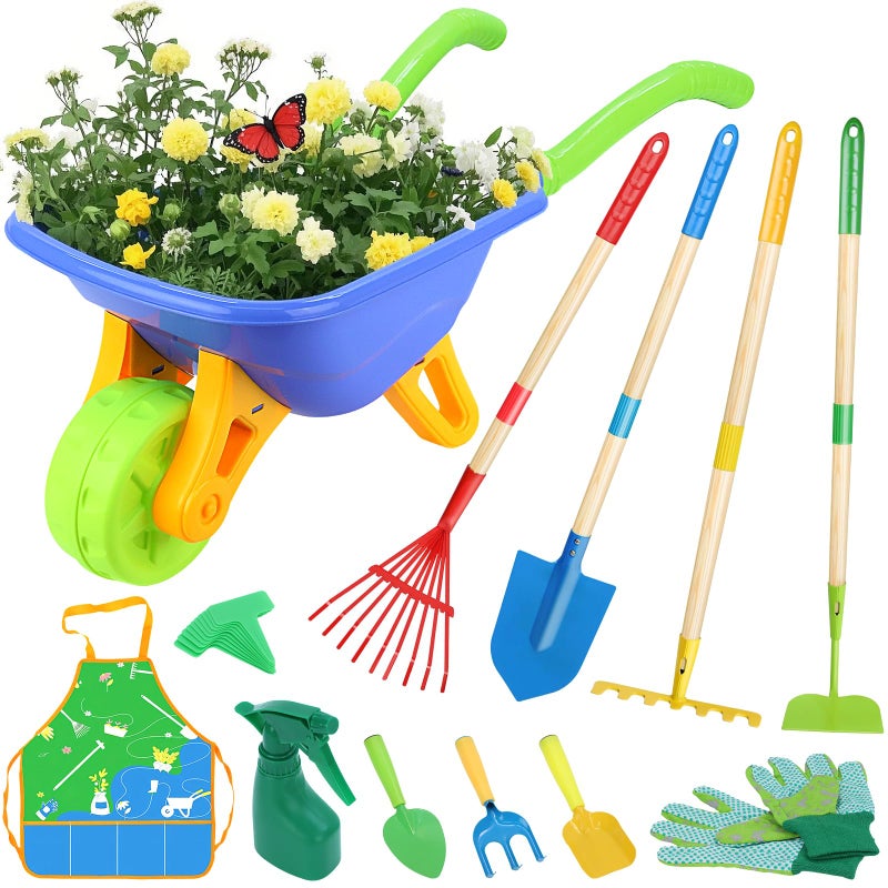 Magic4U 11Piece Kids Gardening Set with Wheelbarrow Shovel Rake Hoe Gloves Apron HeavyDuty Steel Tools Interchangeable Handles Outdoor Yard Toys for Boys Girls Ages 38 - Image 3