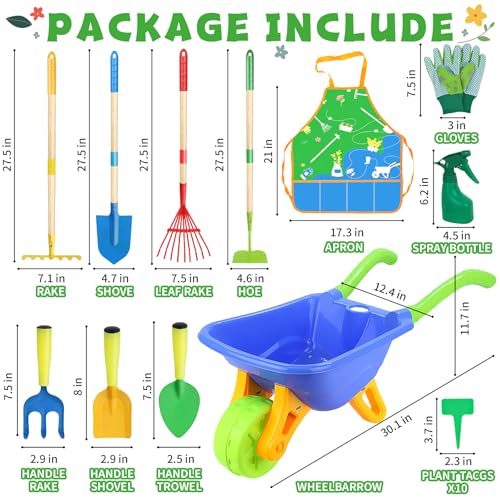 Magic4U 11Piece Kids Gardening Set with Wheelbarrow Shovel Rake Hoe Gloves Apron HeavyDuty Steel Tools Interchangeable Handles Outdoor Yard Toys for Boys Girls Ages 38 - Image 5