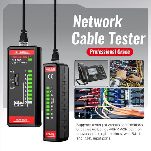 HABOTEST جهاز اختبار كابل الشبكة، HABOTEST HT812A مع منفذ RJ45 RJ11، أداة اختبار كابل الإيثرنت، مكبر صوت، كواكس، فيديو، وبيانات بسرعات سريعة/بطيئة، اختبار استمرارية خط الهاتف 60V لكابلات CAT5/CAT5E/CAT6/CAT6A - Image 4