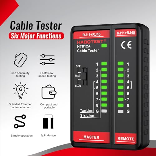 HABOTEST جهاز اختبار كابل الشبكة، HABOTEST HT812A مع منفذ RJ45 RJ11، أداة اختبار كابل الإيثرنت، مكبر صوت، كواكس، فيديو، وبيانات بسرعات سريعة/بطيئة، اختبار استمرارية خط الهاتف 60V لكابلات CAT5/CAT5E/CAT6/CAT6A - Image 2