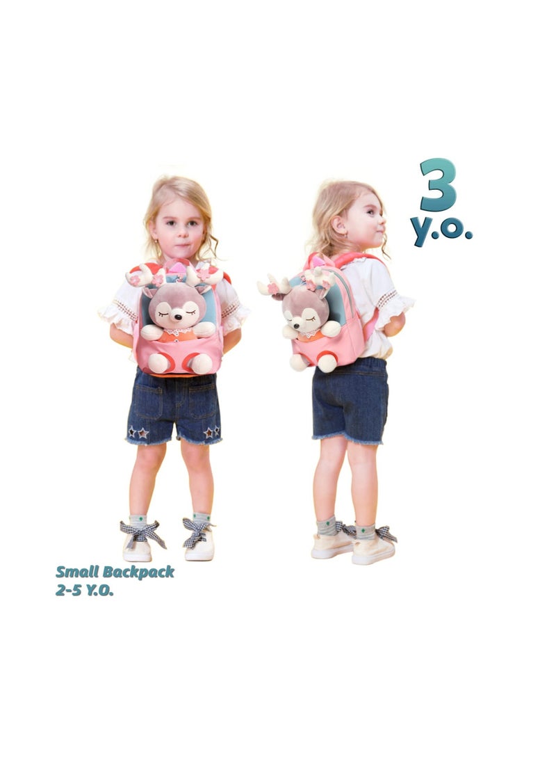 KASTWAVE Little Doll Stuffed Animal kids Plush Backpack, Lovely Toddler Backpack, Cartoon Preschool Purse for Kids, Suitable for  2-6 Years Girl Boy (Pink) - Image 2