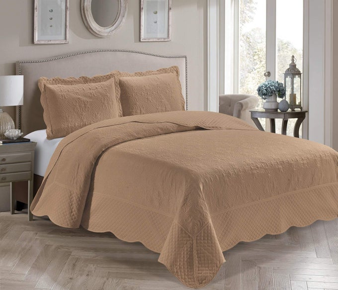 3 PIECE FULLQUEEN OVER SIZE EMBOSSED SOLID TAUPE COLOR COVERLET BEDSPREAD NEW VERONICA