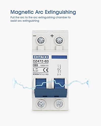 CHTAIXI DC Miniature Circuit Breaker, 2 Pole 1000V 63 Amp Isolator for Solar PV System, Thermal Magnetic Trip, DIN Rail Mount, Chtaixi DC Disconnect Switch C63 - Image 4