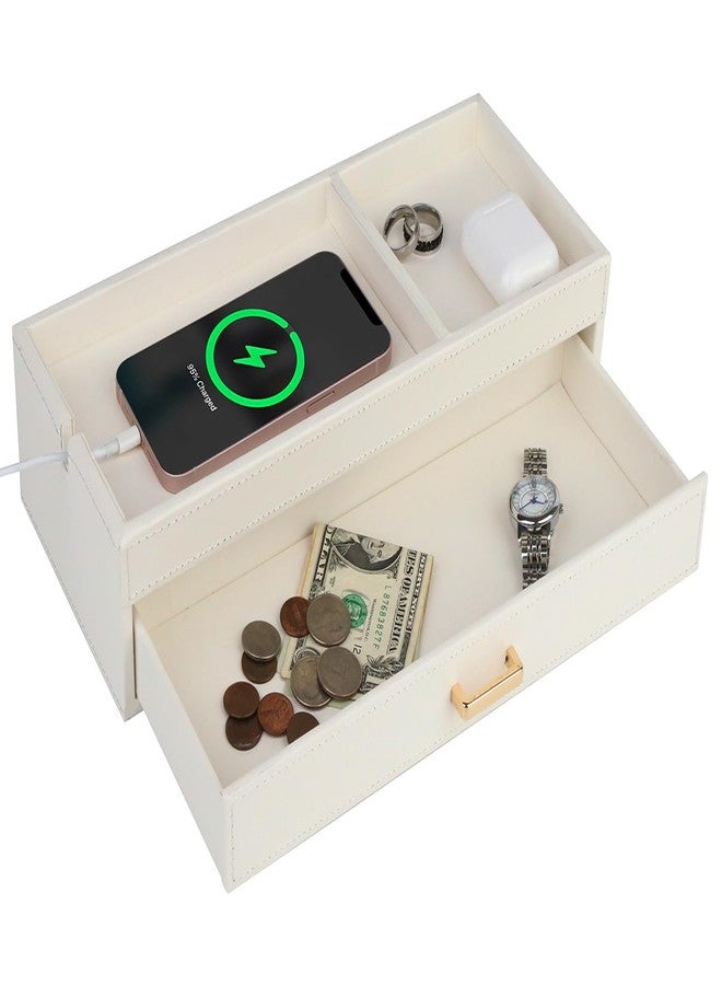 HofferRuffer Valet Jewelry Tray Organizer with Drawer, Faux Leather Storage Catchall Box Phone Charging Station Tray with Dresser Nightstand Desktop Drawer Organizer (White) - Image 1